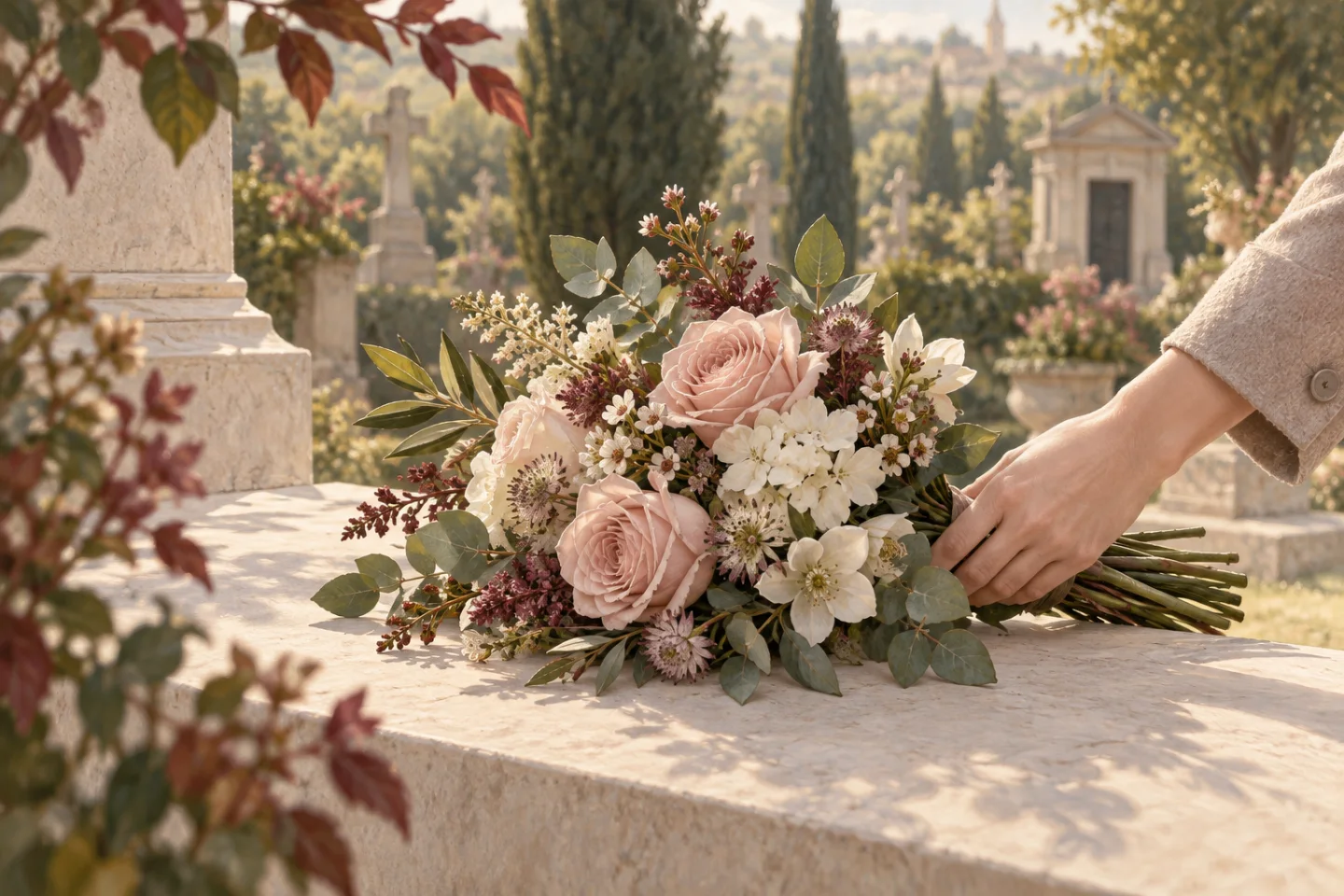 Illustration d’une main déposant un bouquet de roses sur une sépulture